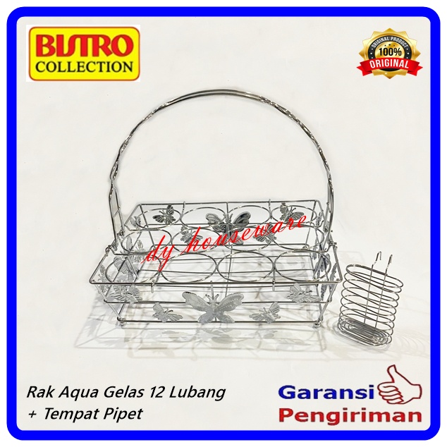 Rak Aqua Wadah Gelas Mineral 12 Lubang Segi + Tempat Pipet Stainles Bistro SQ12