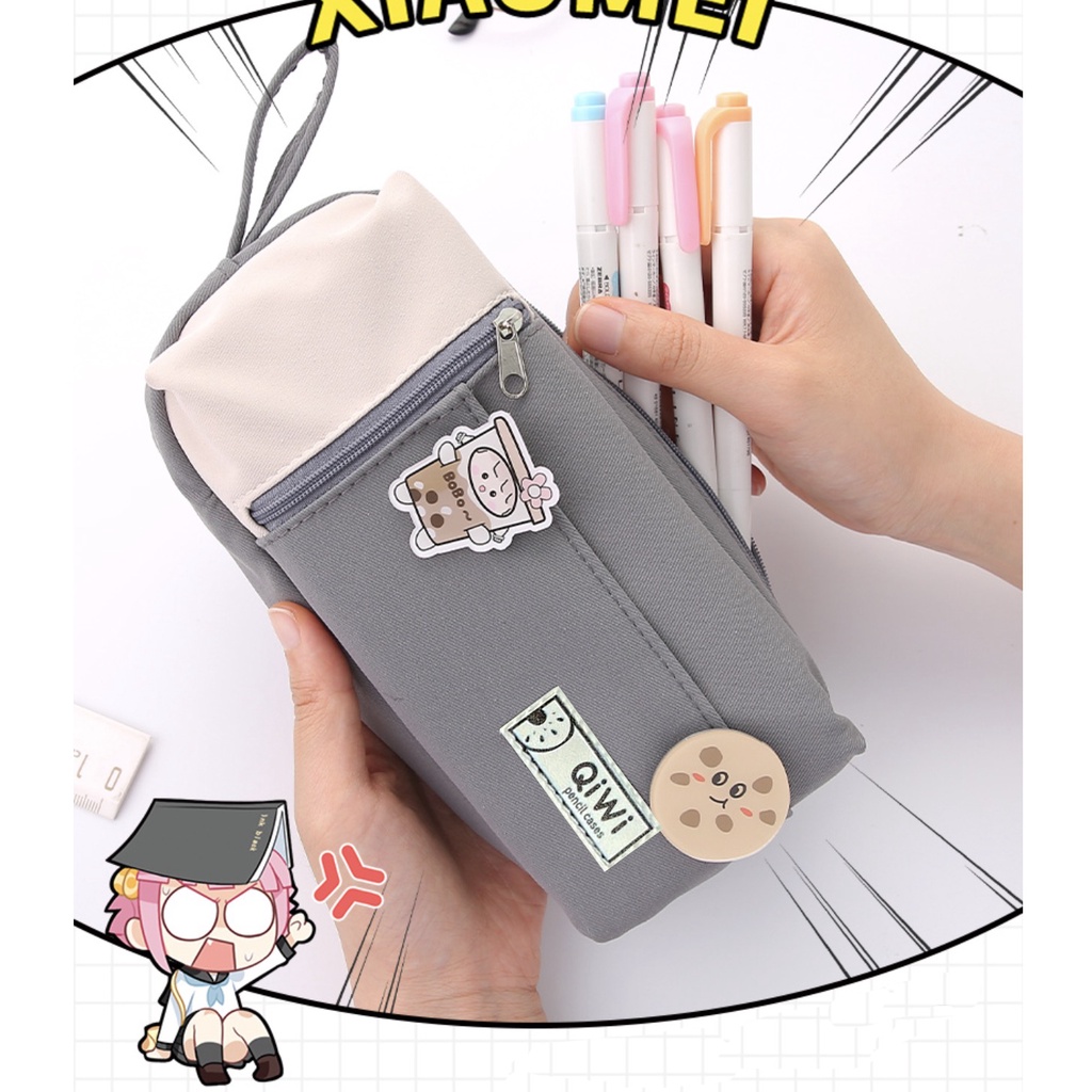 TXS04 Korean Pen Pencil Case Kain QiWi Label Water Resistant Kotak Tempat Pensil TKM