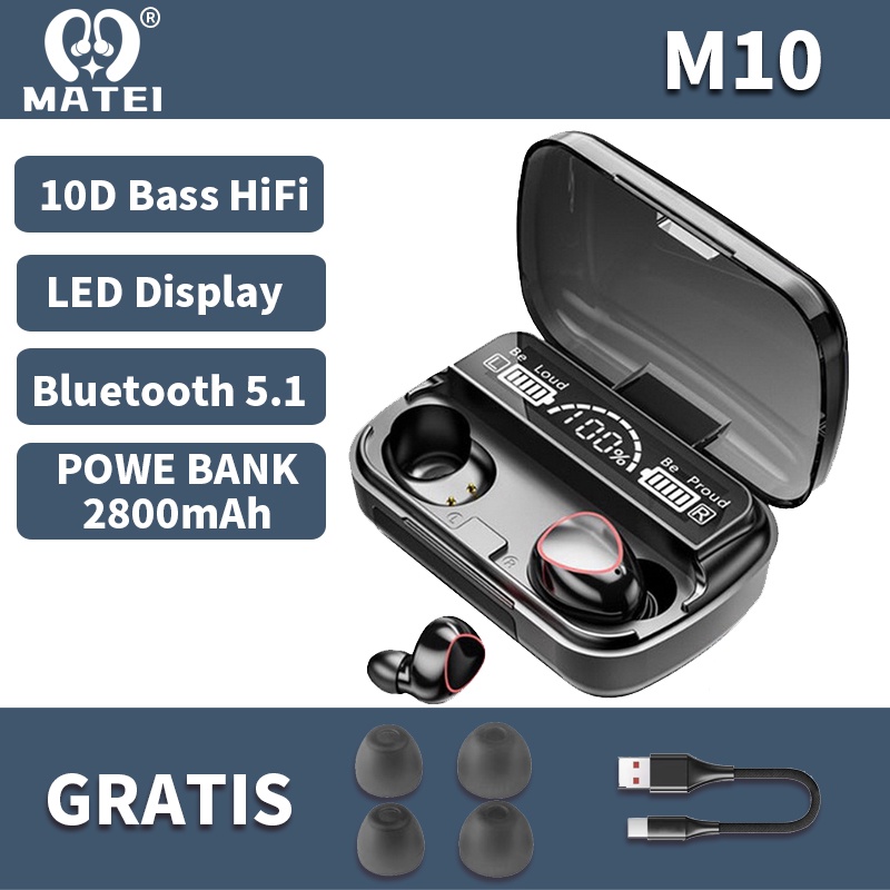 Matei Headset Bluetooth M19 TWS Wireless Earphones Bluetooth 5.1  In Ear HIFI Mini Waterproof Sports Music Earbuds With Charging Box-Hitam-M10