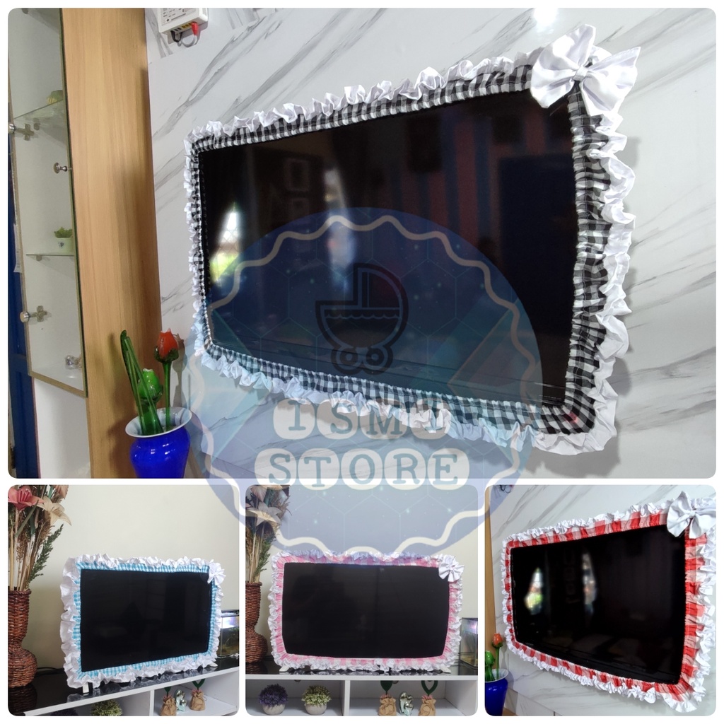 BANDO/Tutup TV/LCD/Televisi Ruffle PUTIH Motif Kotak-kotak Gingham Untuk TV 24 inch - 52 inch Bisa Custom Ukuran by Ismi Store