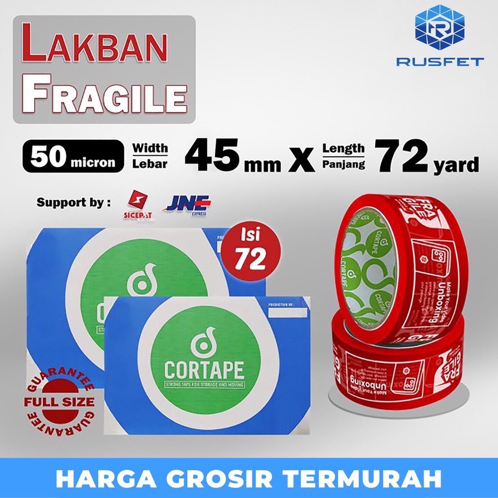 

Lakban FRAGILE UNBOXING 45mm x 72yard JANGAN DIBANTING HANDLE WITH CARE UNBOXING KARGO/DUS
