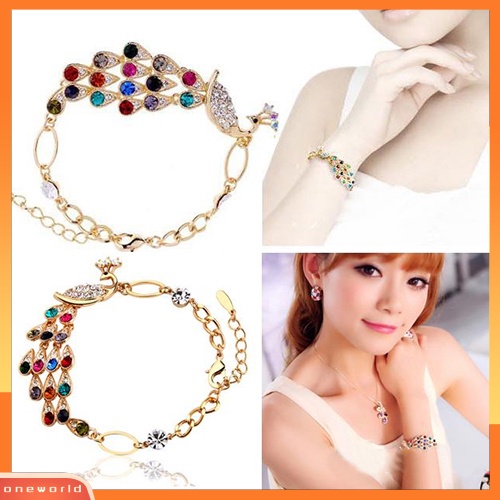 {oneworld} Perhiasan Gelang Bangle Rantai Burung Merak Berlian Imitasi Antik Wanita