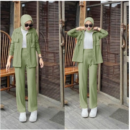 set salbila knit - one set 2in1 setelan wanita remaja pesta Warna Sage Green Trend Edisi terbaru leb