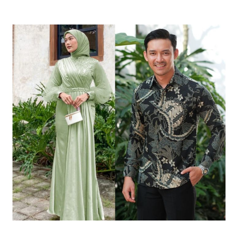 BATIK EXPRESS - Baju Couple Pasangan Gamis Aldira Brukat Tulle Mutiara Couple Dress Kondangan Lamaran Baju Couple Lebaran Adeeva Maxi Dress Modern