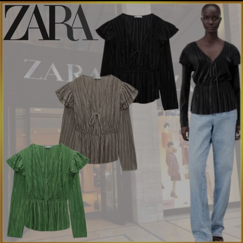 Am2store | Zara Original Blouse Plisket Ruffle Hitam Dan Coklat L/XL