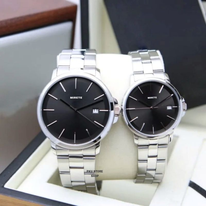 HARGA PROMO!!!! Jam Tangan Pasangan Pria/Wanita Mirete Original Bulat Full black Tanggal Aktif // Jam Tangan Couple Rantai Stainliss Simple dan Elegan // Jam Tangan COUPLE UNISEX Terlaris Kekinian Cod