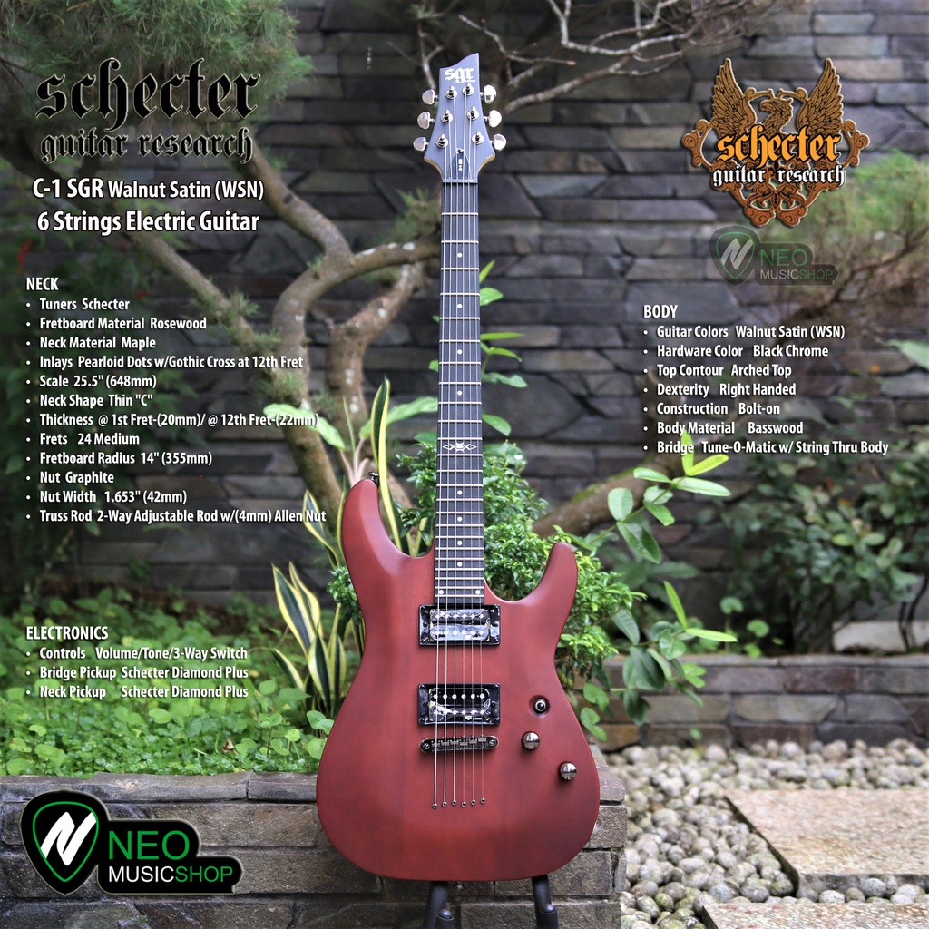 SCHECTER C1 SGR Walnut Satin (WSN) Black 6 Strings Electric Guitar Original