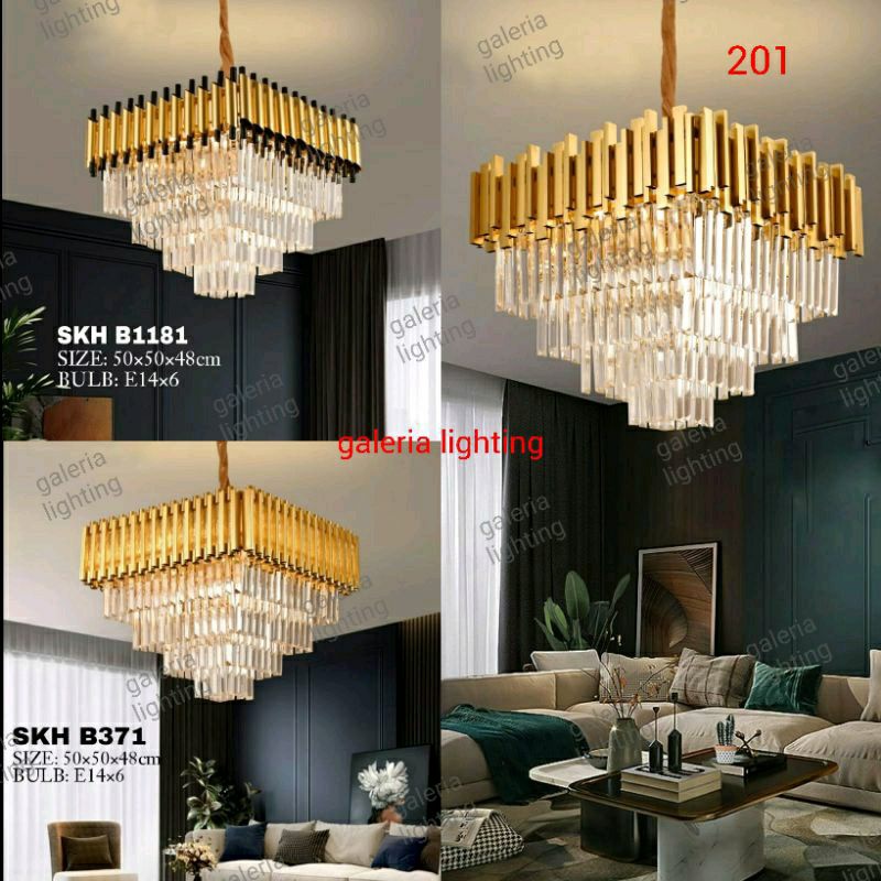 Lampu gantung frame kristal kotak modern dekorasi ruang tamu