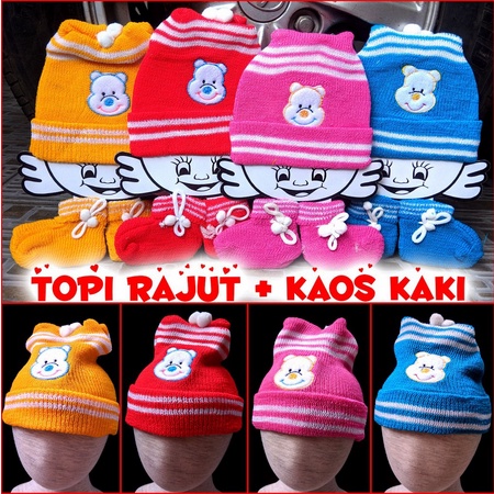 Topi Set Rajut / Set Topi dan Kaos Kaki Rajut Bayi / Siet New Born Hat &amp; Socks Baby isi 1 pcs