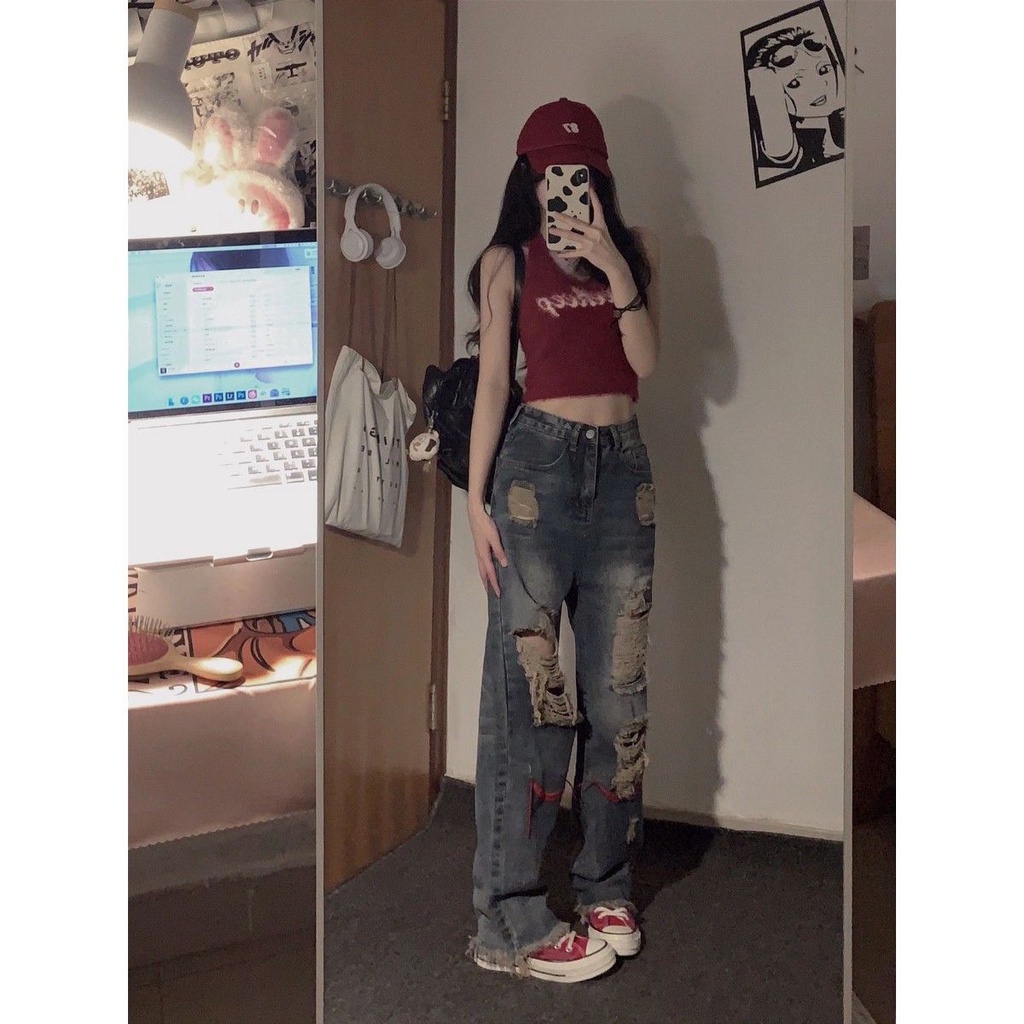❈Celana hiphop Amerika retro robek jins perempuan ins trendi hot gadis tinggi pinggang slim lurus mengepel celana