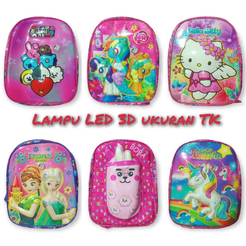 Tas Ransel Anak Perempuan TK  3D Timbul Lampu LED Frozen Bt21 Lol Unicorn Kuda Pony Hello Kitty