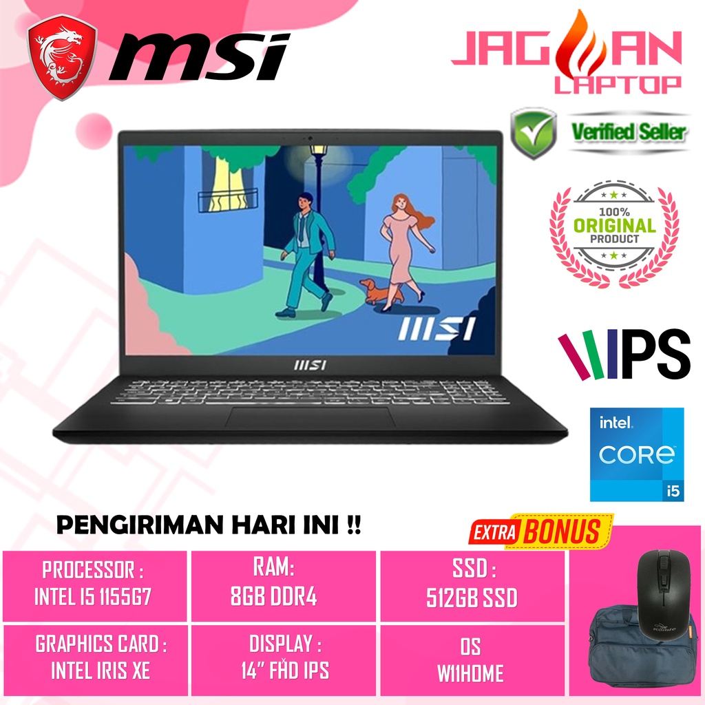 Laptop Slim Design MSI Modern 14 CM11 Intel i5 1155G7 RAM 8GB SSD 512GB FHD IPS Windows 11 Original Terlaris