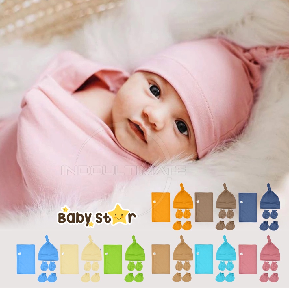 4in1 BABY STAR Bedong Bayi + Topi Kupluk Bayi + Sarung Tangan Kaki Bayi Perlengkapan Bayi Baru Lahir Kain Selimut Bayi Kain Bedongan bayi Alas Tidur Bayi Selimut Tidur Bayi Baby Hat Topi Kuncir Bayi Perlengkapan Baby Newborn Hampers BCS-2287