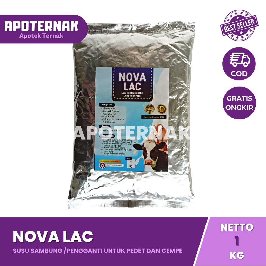 NOVA LAC 1 kg | Susu Pengganti Susu Sambung Induk Sapi Kambing Domba Anti Mencret | Susu Pedet Cempe Kalvolac Masterlac Vetways| VETWAYS