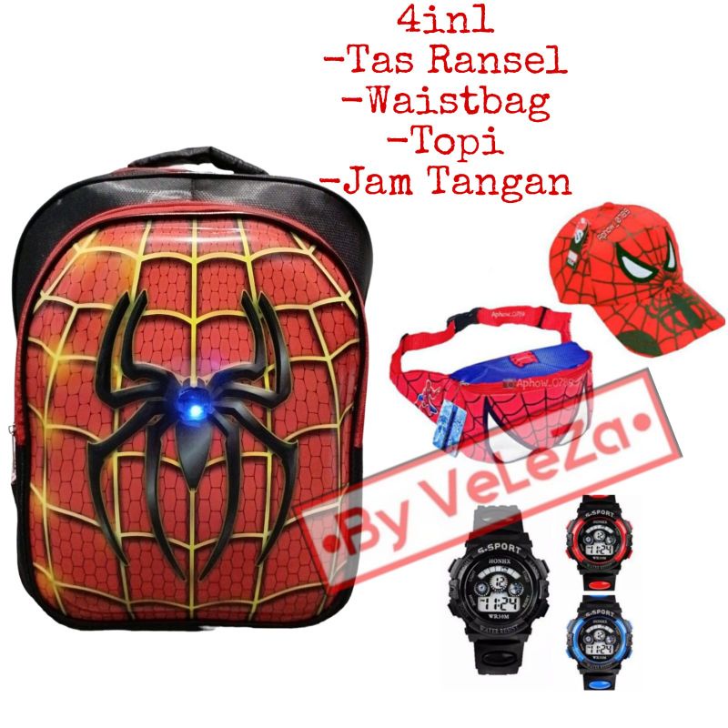 Tas Ransel Anak laki-laki karakter superhero spiderman gratis topi waistbag jam tangan