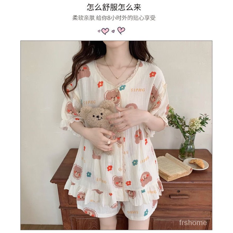 Jepang manis manis piyama musim panas wanita katun musim panas gadis renda renda katun linen gaya pu