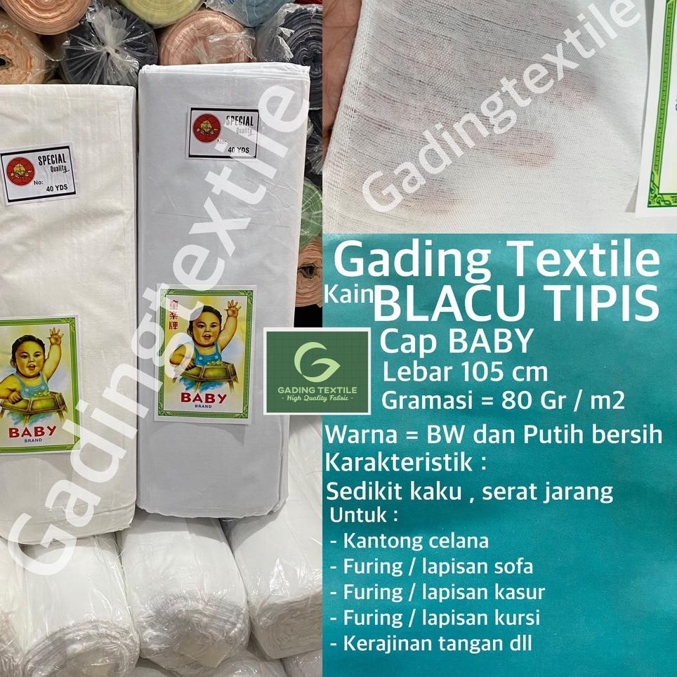murah ( per 1 roll ) kain BLACU BELACU TIPIS warna BW putih bersih CAP BABY lebar 105 cm per roll an