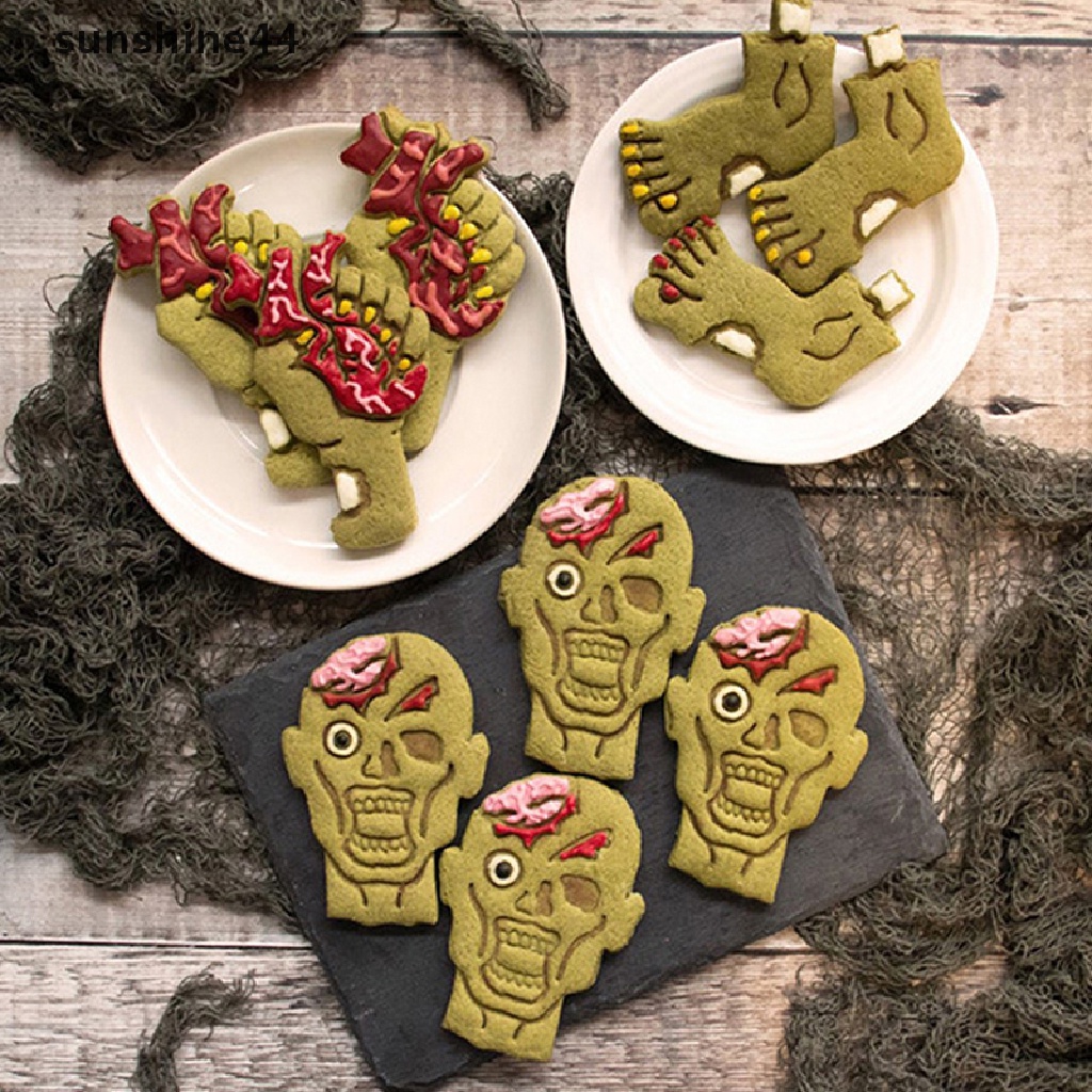 Sunshine 1/3Pcs Halloween Zombie Cookie Pemotong DIY Plastik Kartun Baking Aksesoris.