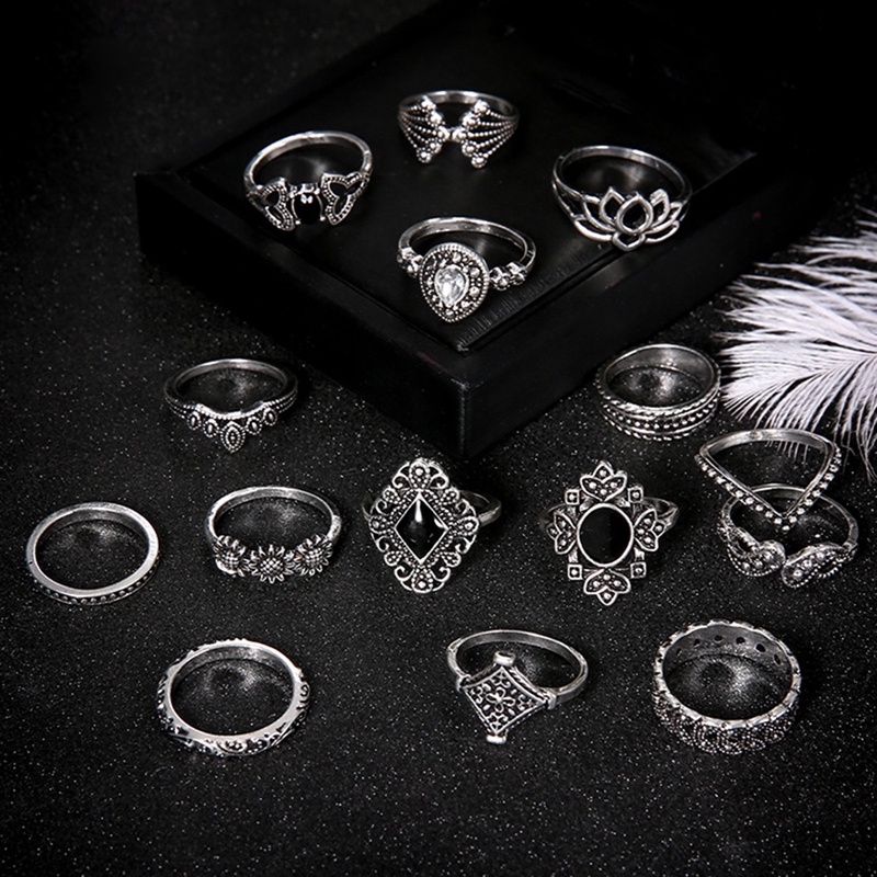 15pcs/set Cincin Untuk Anak Perempuan Hitam Set Cincin Fashion Perhiasan Gaya Bohemian Bague Pasangan Anillo Schmuck Aksesoris Untuk Wanita