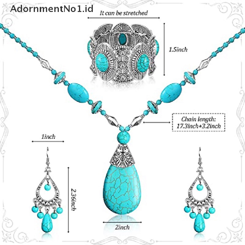 [AdornmentNo1] Vintage Perak Disepuh Turquoises Stone Pendant Kalung Bohemia Perhiasan Pernyataan Tetesan Air Logam Liontin Kalung Wanita [ID]