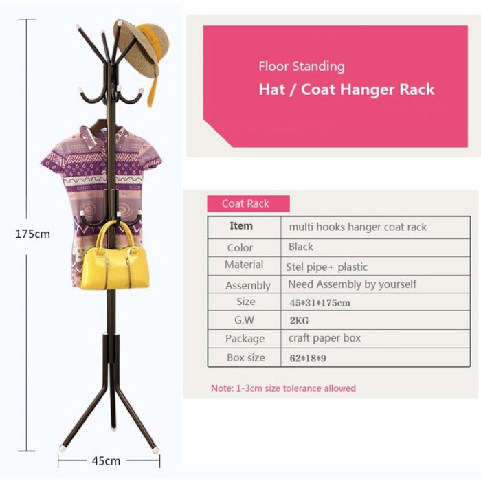 Tiang Stand hanger Gantungan Holder Coat Rak Baju Topi Tas 9 Kait Hook