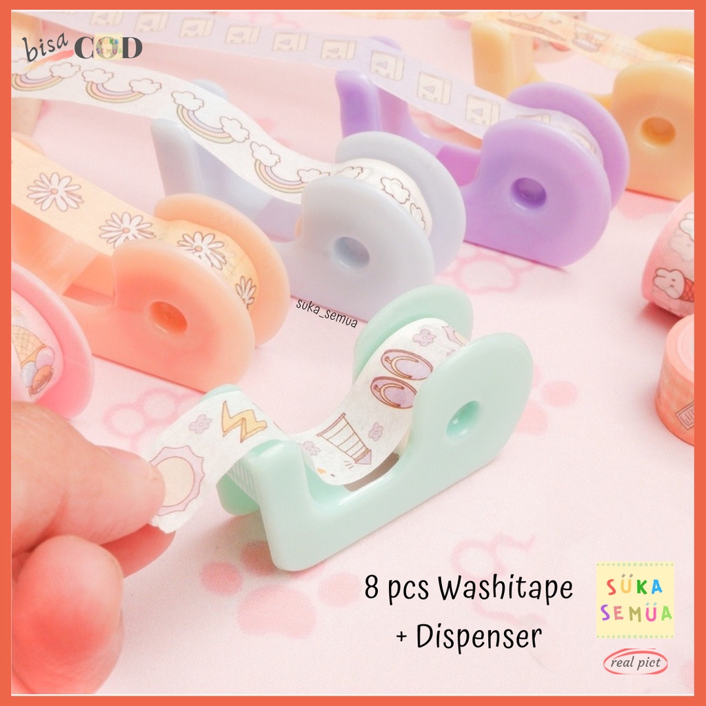 

8 pcs Washitape + Dispenser set // Sharemine XM-JD2230 Journaling Decorative Washi Tape Lem Lakban Hias Bujo Solasi Selotip Isolasi Decor Jurnal Diary Book - cocok untuk diary / prakarya / kerajinan tangan anak sekolah kuliah - mini lucu imut - bisa COD