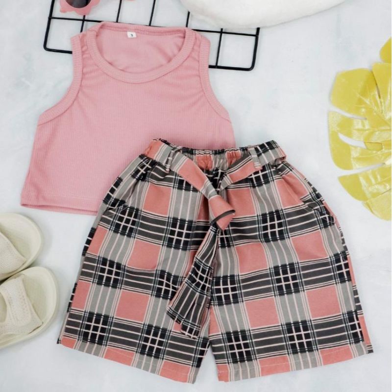 Setelan Anak Cantika U Can See 1-3 Tahun / Setelan Hotpants Salur Kotak Anak Premium