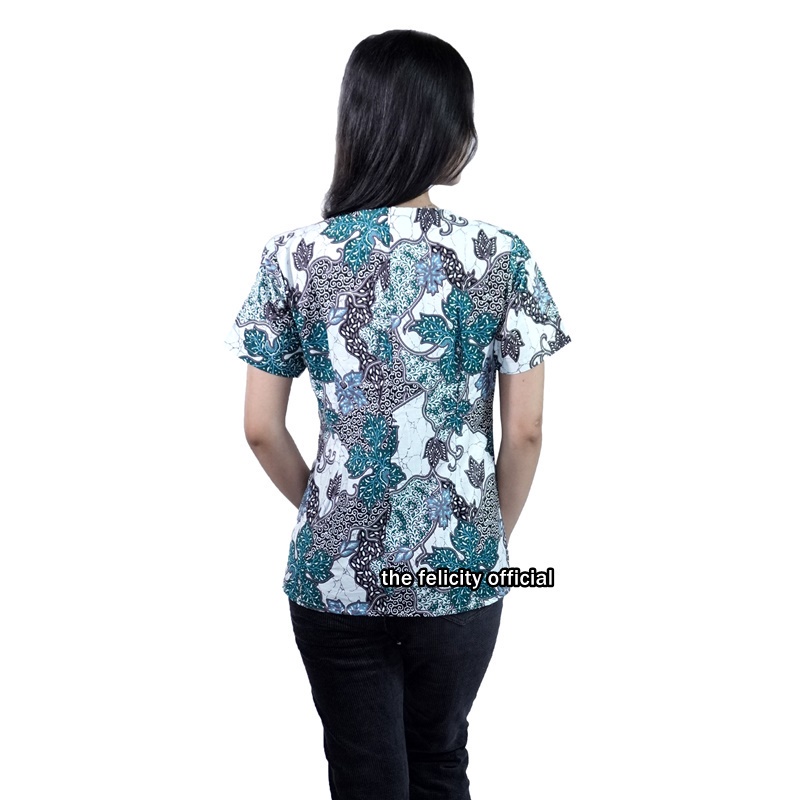 Blouse Batik Lengan Pendek Atasan Batik Wanita Modern Simple Pita Hijau