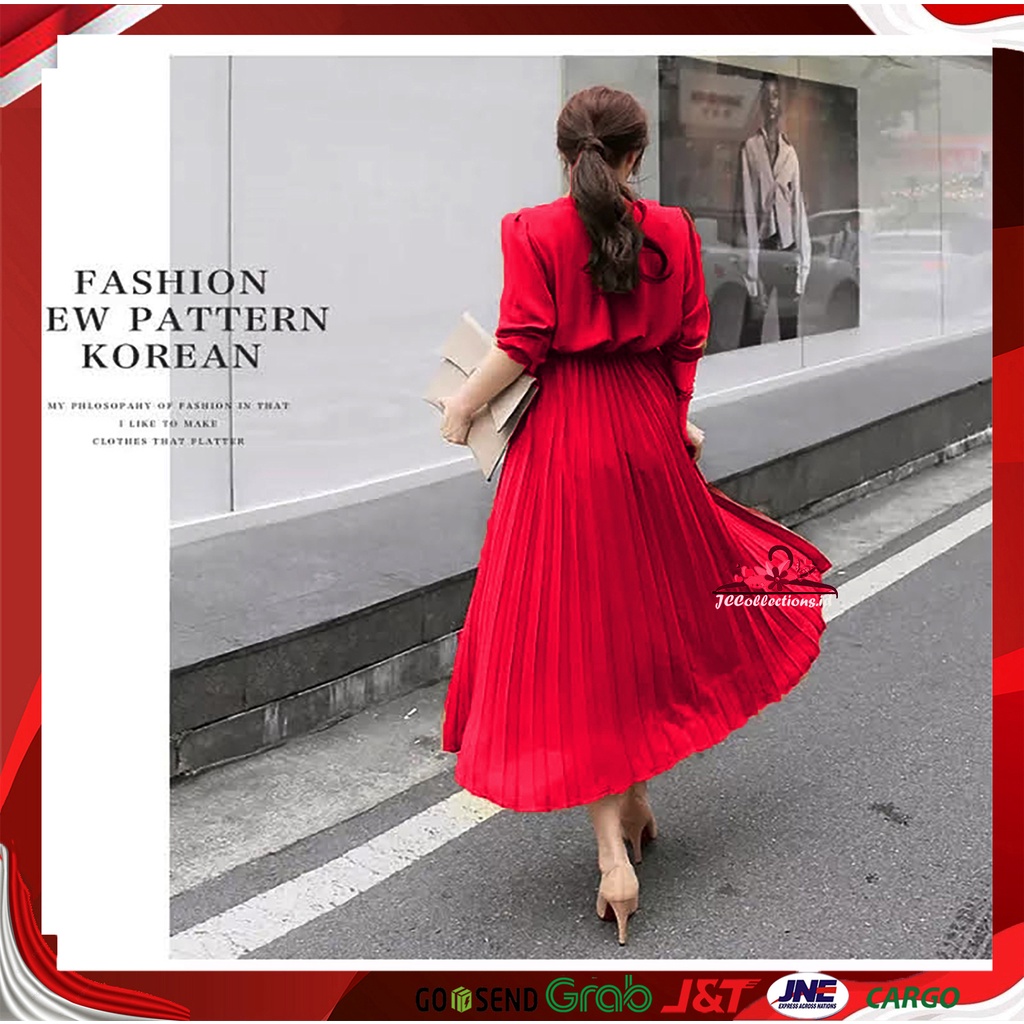 Long Dress Ploi plisket lengan panjang wanita gaya korea Peacce  - JCCollections