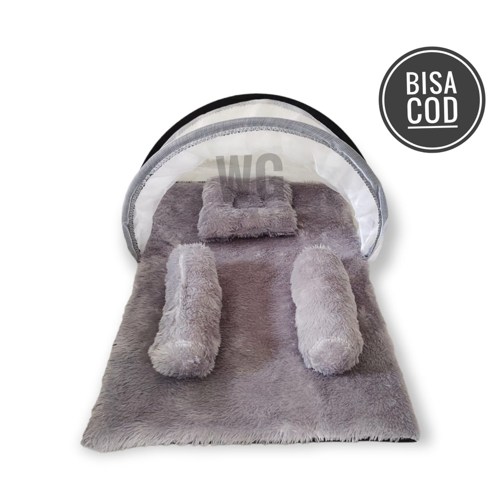 Kasur  Bayi Matras Bulu Rasfur Kelambu Bisa Dilepas One Set Bantal Guling Motif Terbaru