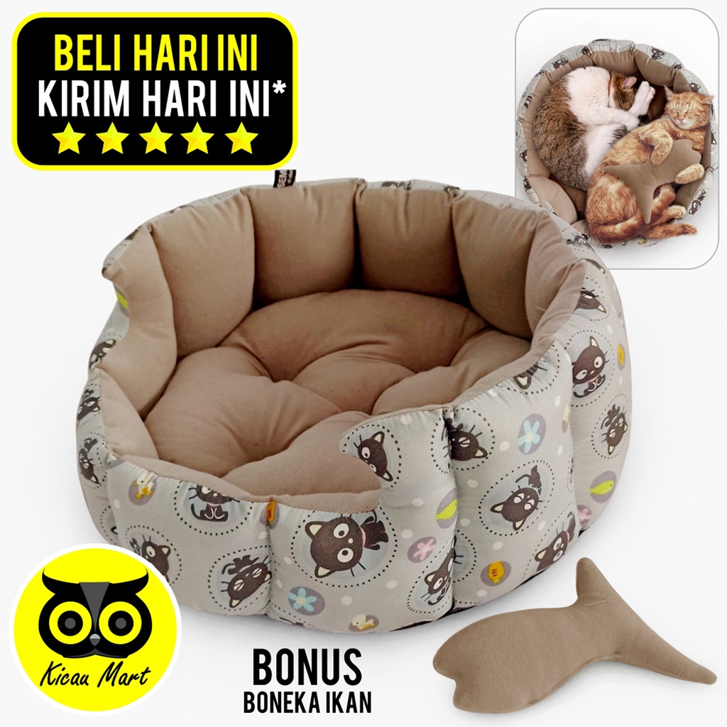 Alas Tempat Tidur Kucing Ekslusif Bonus Boneka Catnip Ikan Gigitan Mainan Kucing Bantal Kucing Anjing Katun Isi Dakron Super Empuk Tebal Premium