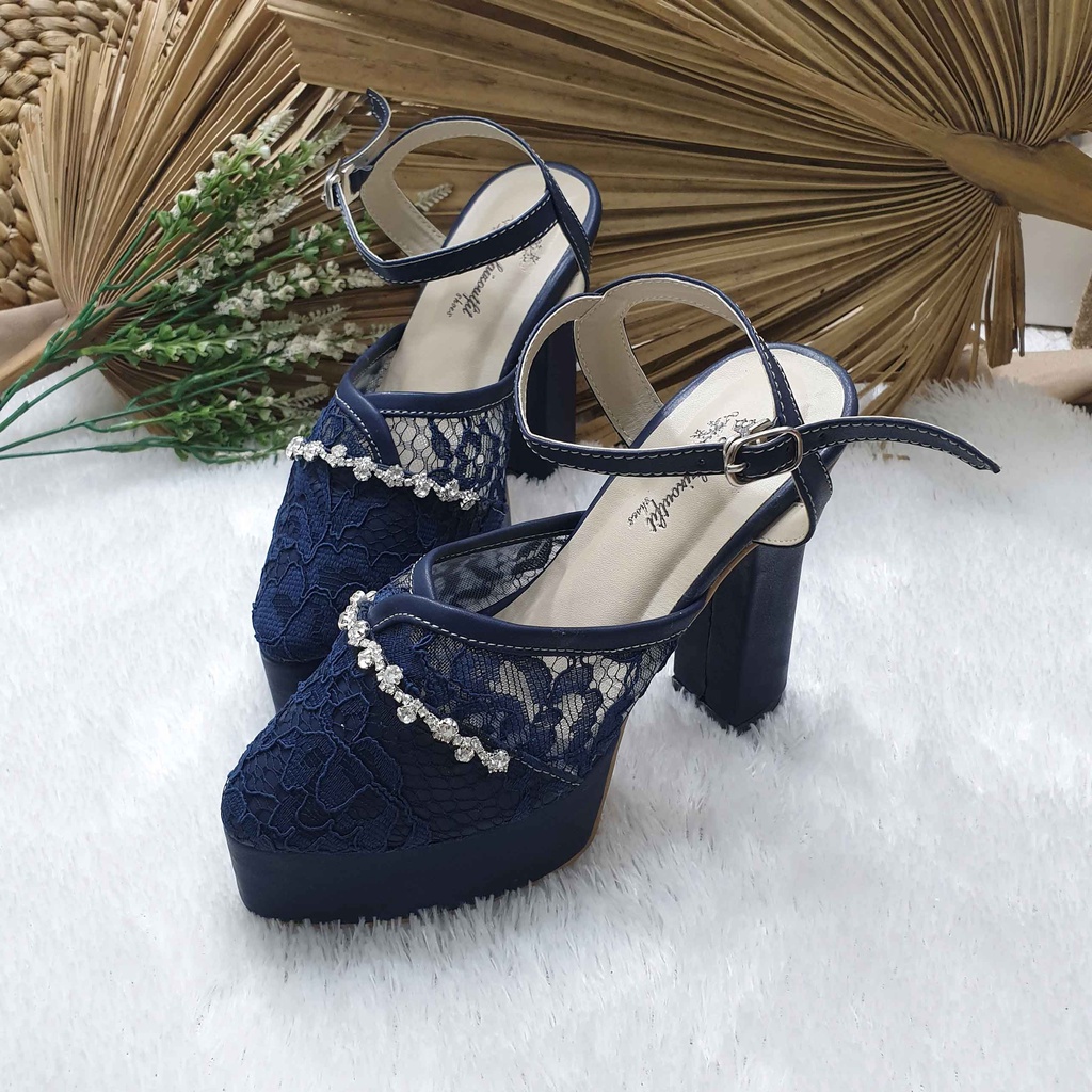 Sepatu wedding pesta cantik Cindy navy acessoris 12cm tahu