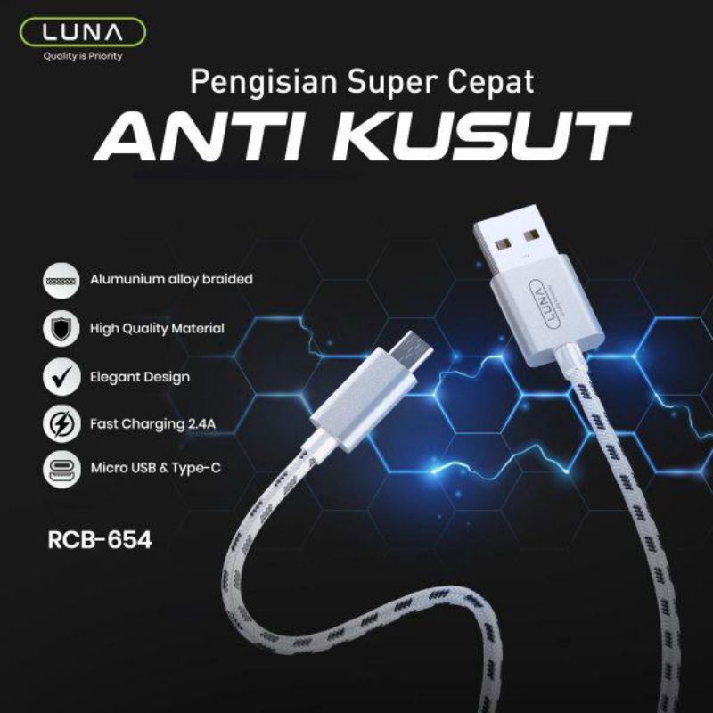 kabel data luna RCB-654 2.4A pengisian super cepat dan kabel anti kusut