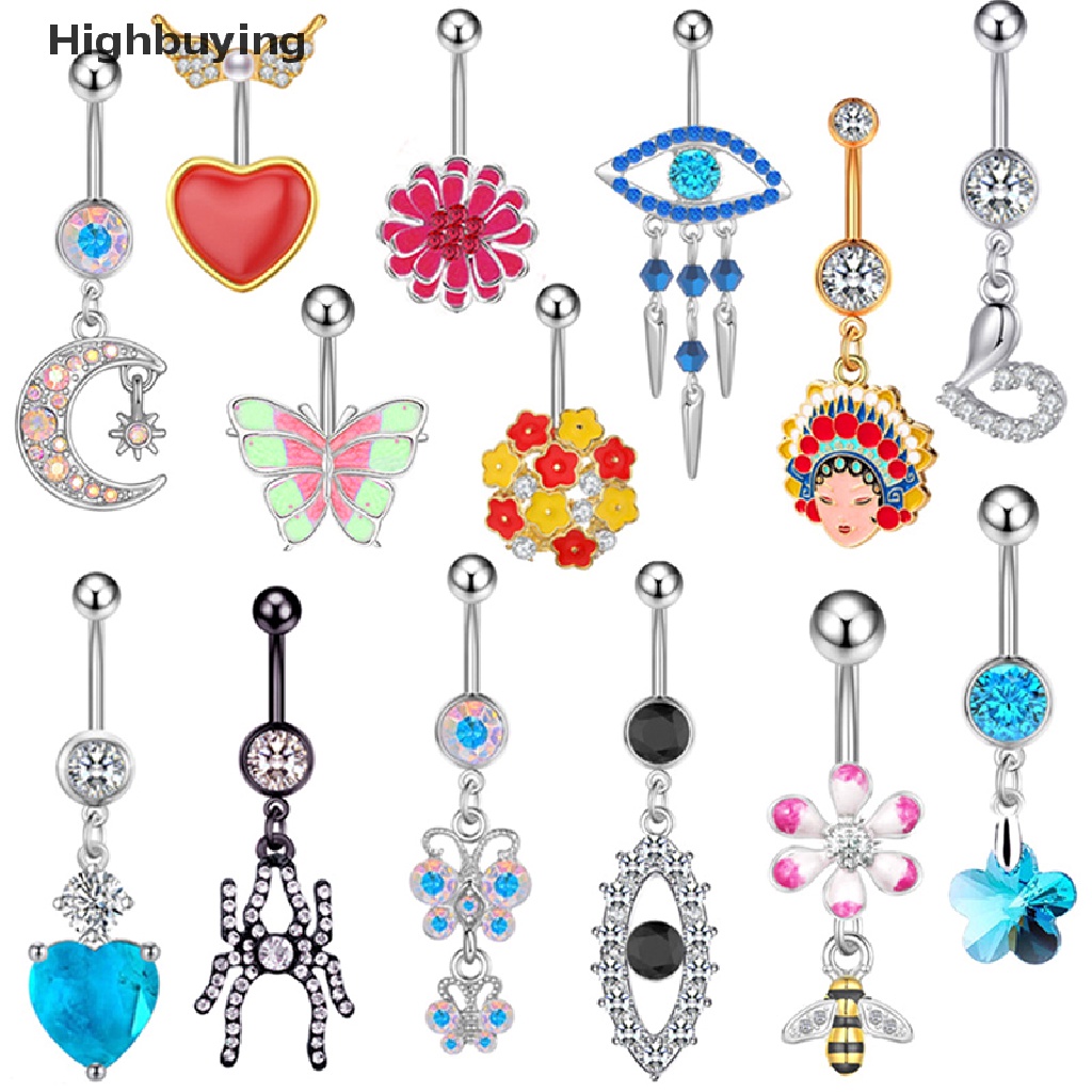 Hbid Bunga Hati Kristal Pusar Belly Button Rings Liontin Pusar Cincin Perhiasan Tubuh Glory