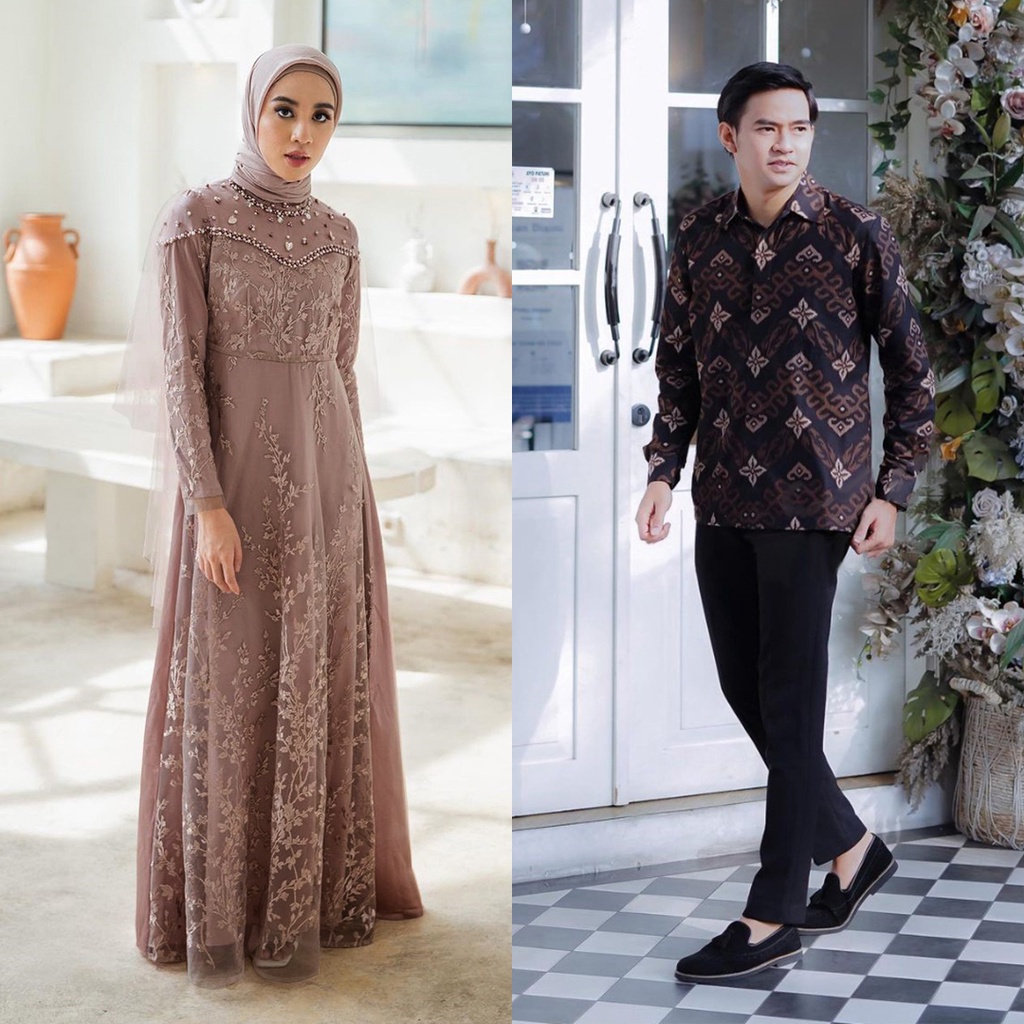 GALERI BATIK - Batik Couple Dinara Dress Couple Wanita Modern Maxi Baju Kondangan Dan Lamaran Kekinian Gamis Wanita Brukat Gamis