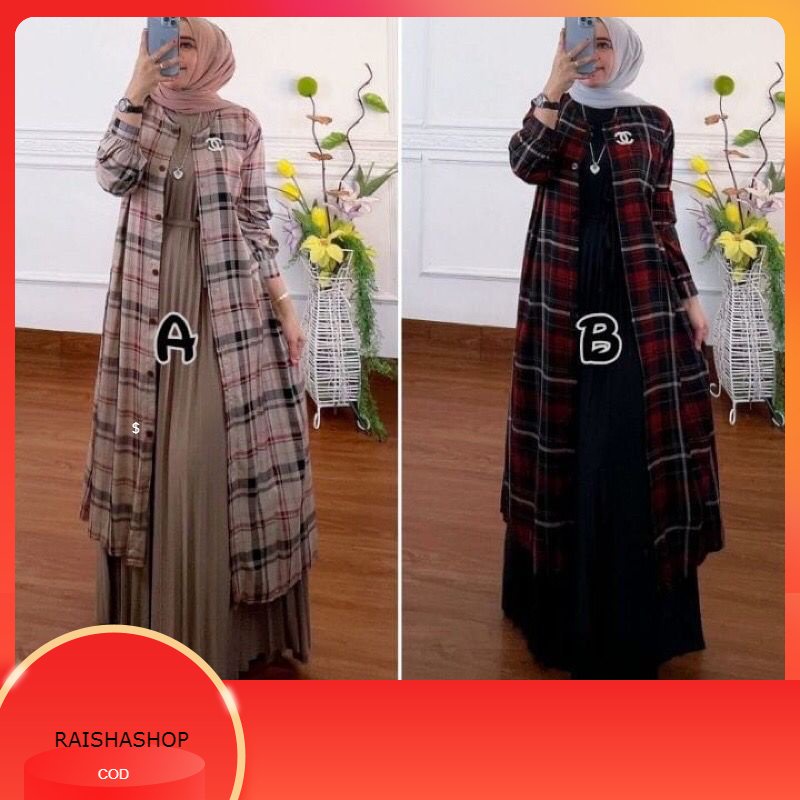 karina gamis set outer/kotak-kotak coklat/hitam/biru/Coksu/ lebaran/ best seller/Daleman plisket/Ld 