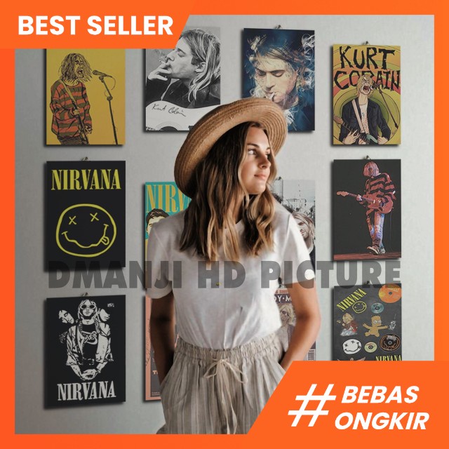 DMANJI HD HIASAN DINDING BAND NIRVANA / POSTER BINGKAI KAYU / DEKORASI KAMAR MUSIC / VINTAGE / CAFE 