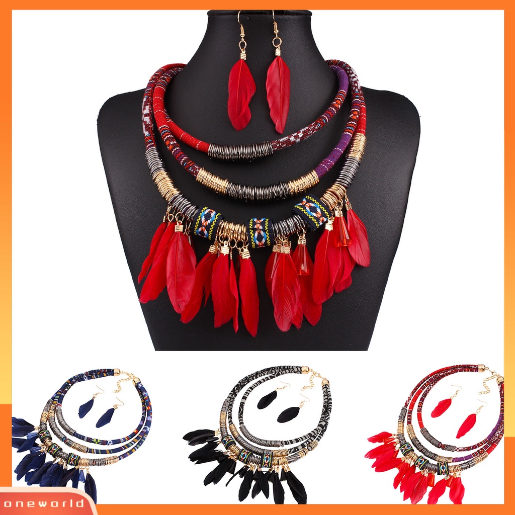 [oneworld] 2pcs/set Bulu Rumbai Kalung Anting Set Multilayer Alloy Bohemian Etnik Perhiasan Set Perhiasan Aksesori