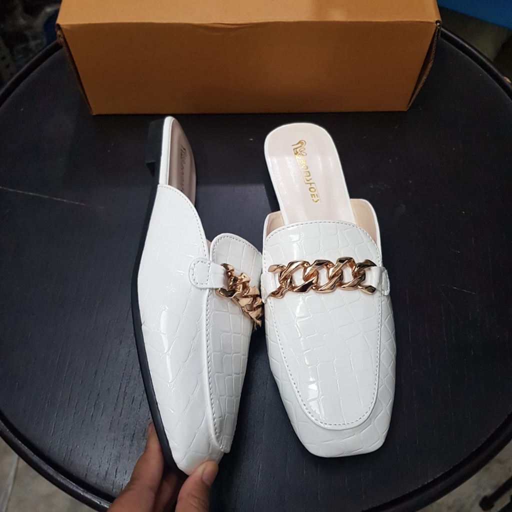 [✅BISA COD] 0291 RETRO CHAIN CROCO LEATHER SLIP ON (REAL PICTURE)