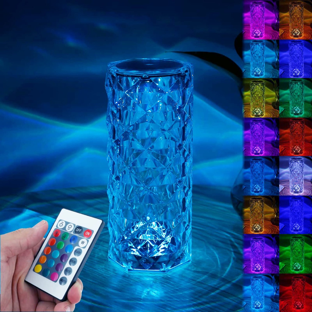 &lt;^ SJA ^&gt;  Lampu Meja LED Crystal 16 colour light / Lampu Kristal Rose Diamond Table Lamp USB charging + Remote / Lampu Hias LED Crystal