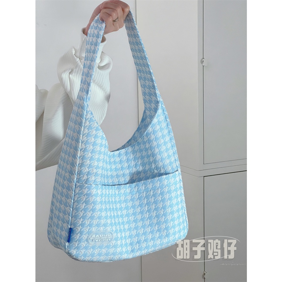 ☽▧Sera Versi Korea dari Houndstooth Tote Bag Wanita Kapasitas Besar Tas Wanita Commuter Tas Gelembung Grid Gadis Pelajar kelas Tas Bahu