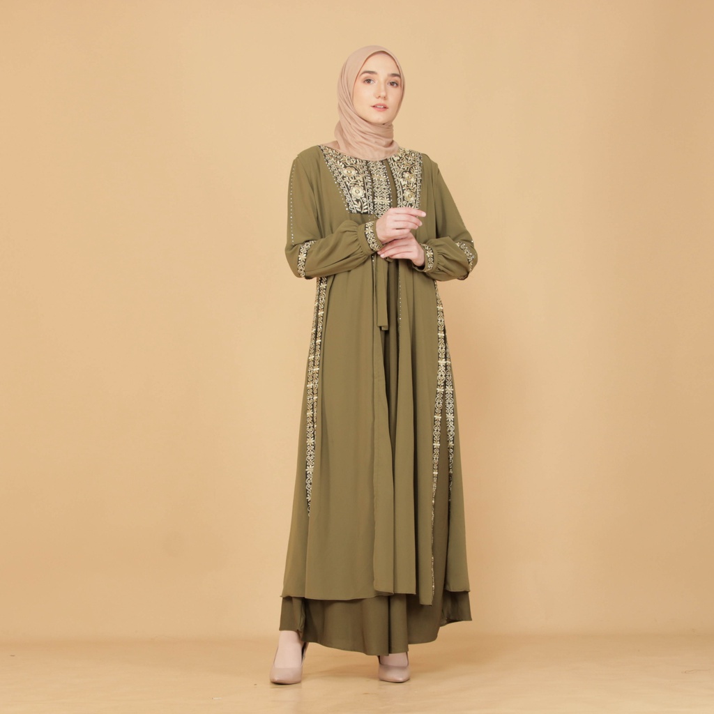 Abiyyuco TA9016V2 | Abaya Turkey Terbaru Mewah Elegan Turki Busui Turkiy Army dan Putih