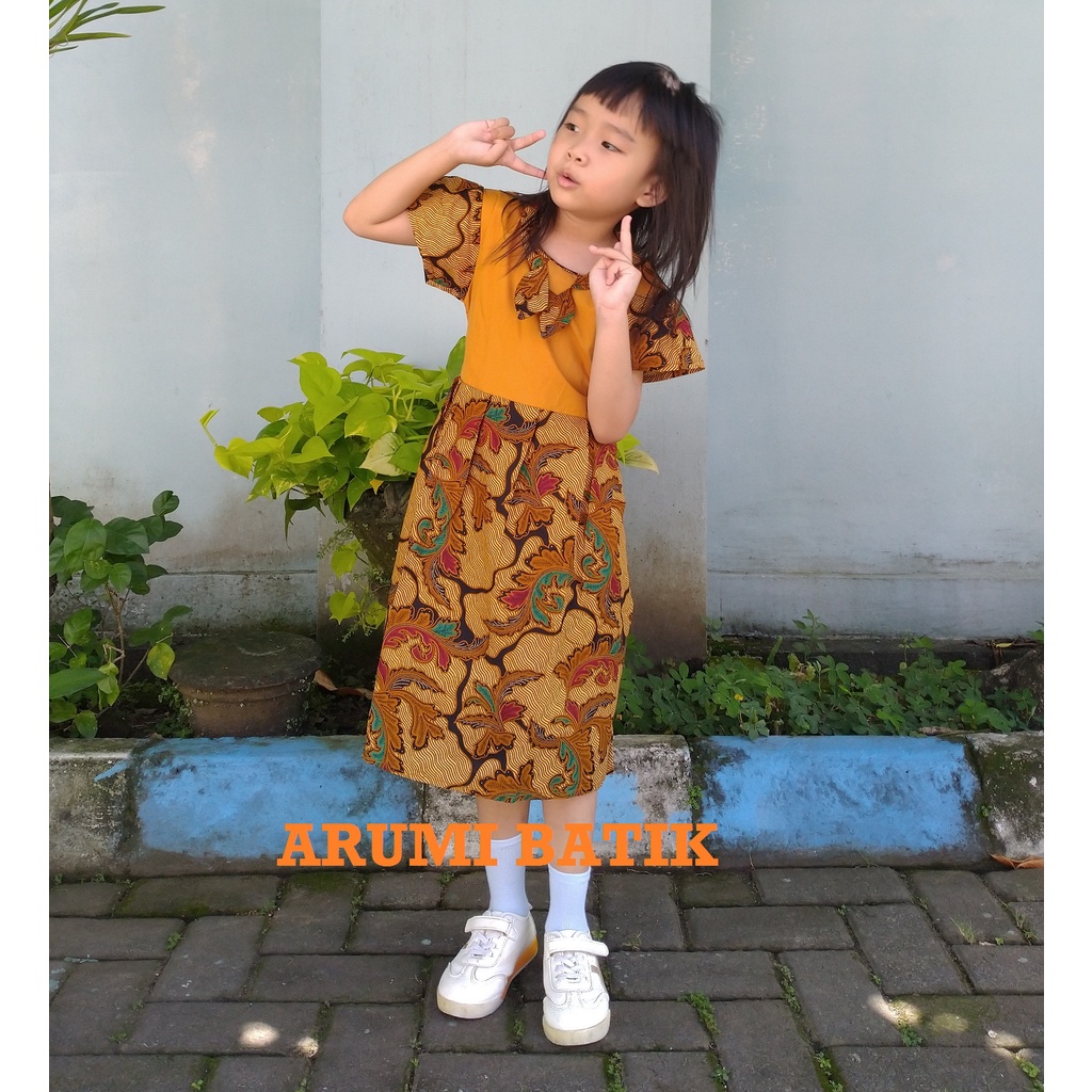 Dress Baju Batik Sekolah Anak Perempuan Balita TK SD PAUD BALITA 2897 Kuning