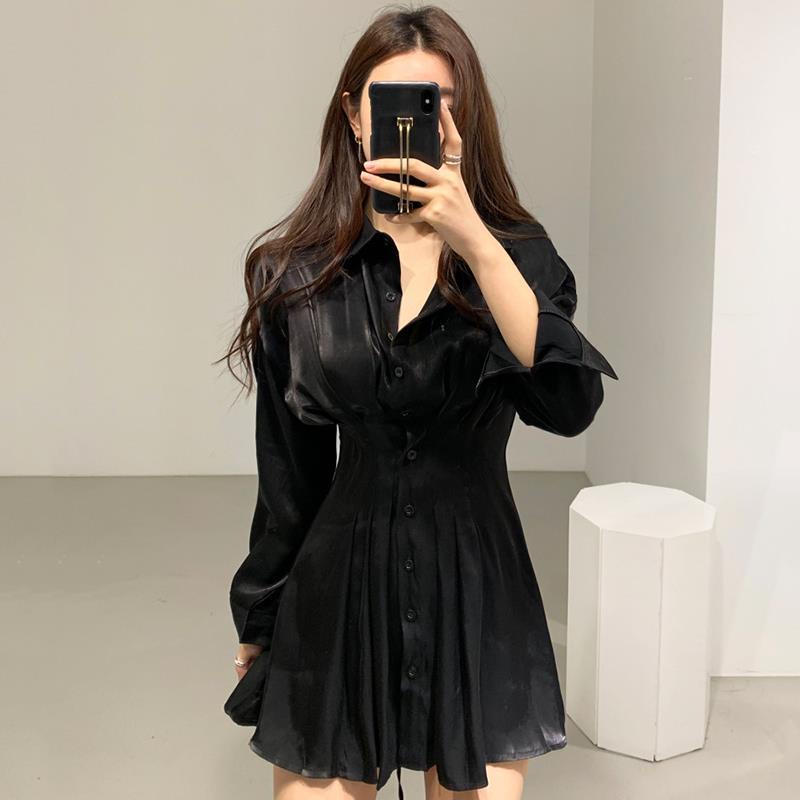 Red Korean chic elegant glossy waist lipit back tie lapel single-breasted shirt dress lengan panjang