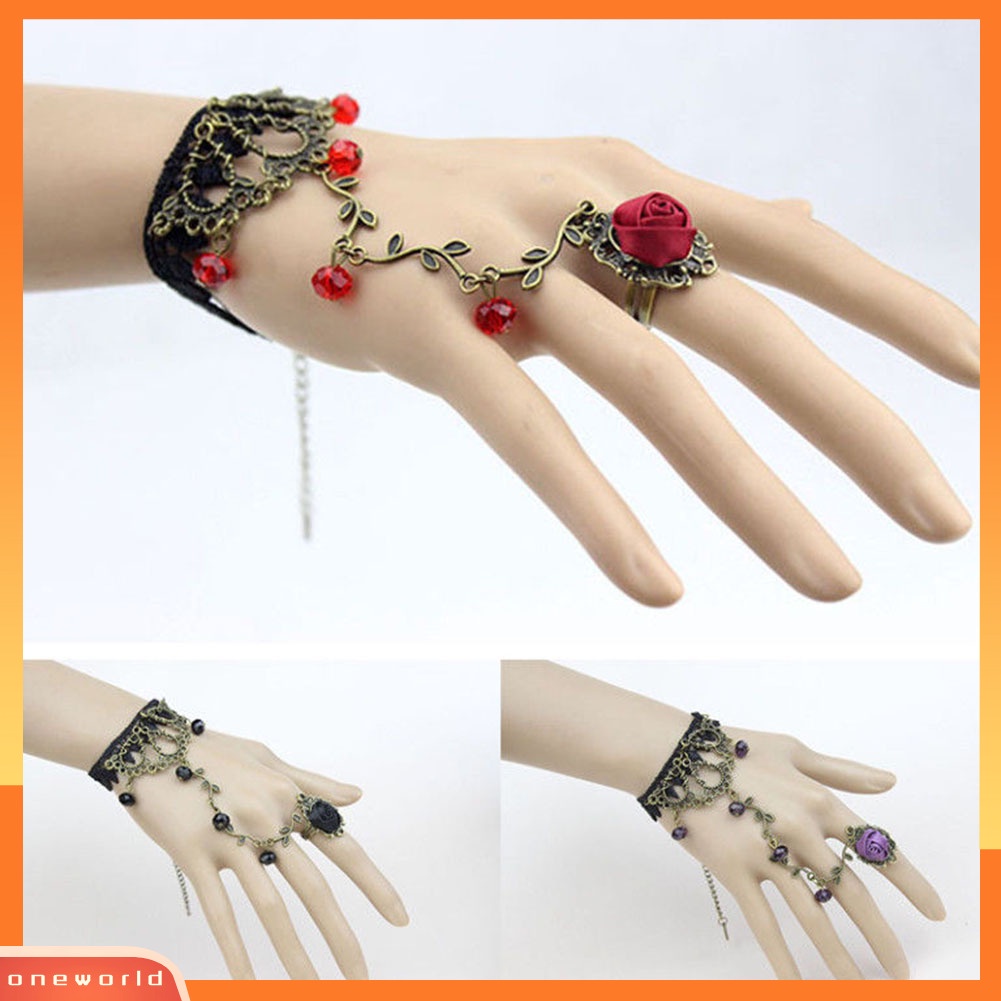 {oneworld} Gothic Perhiasan Wanita Renda Bunga Tangan Budak Rantai Cincin Harness Gelang Hadiah