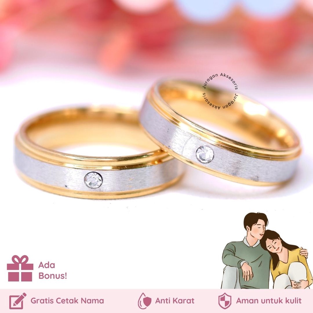 GRATIS UKIR NAMA Cincin Couple Romantis Titanium M120 Gold Silver Emas Anti Karat Hadiah Tunangan Kawin Nikah BONUS Gelang