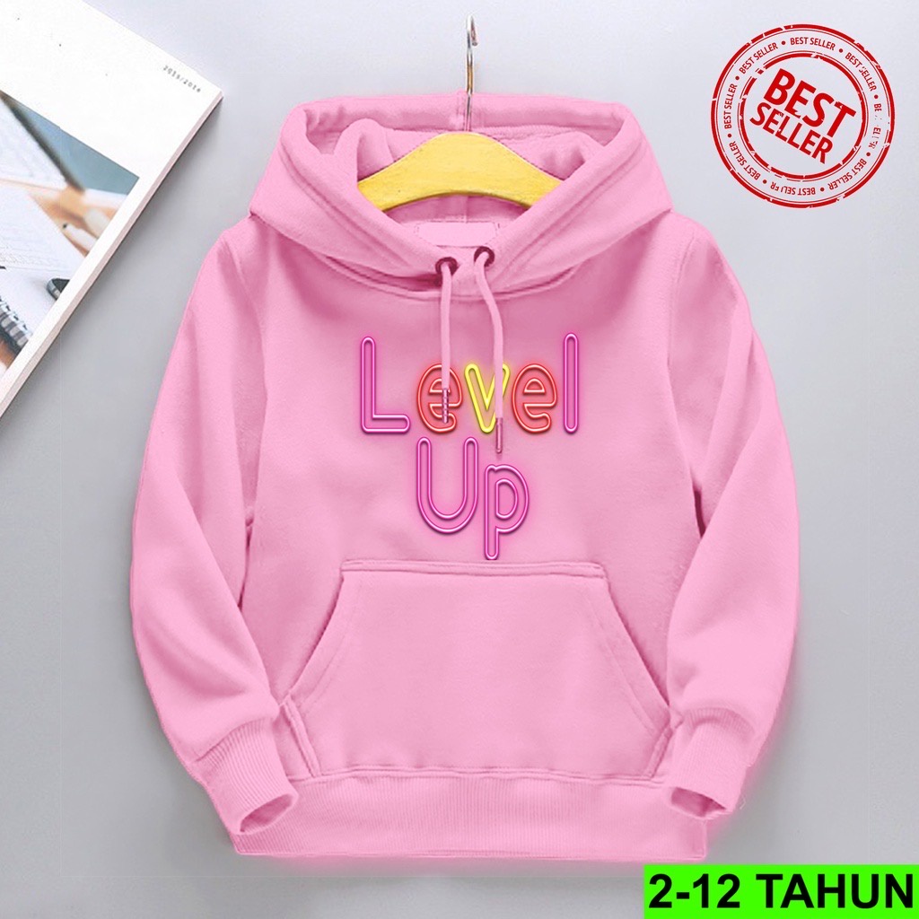 Jumper Hoodie Anak  LEVEL UP II Jaket Hoodie Anak Viral Bahan Fleece Sz M - XL ( Laki Laki &amp; Peremepuan )