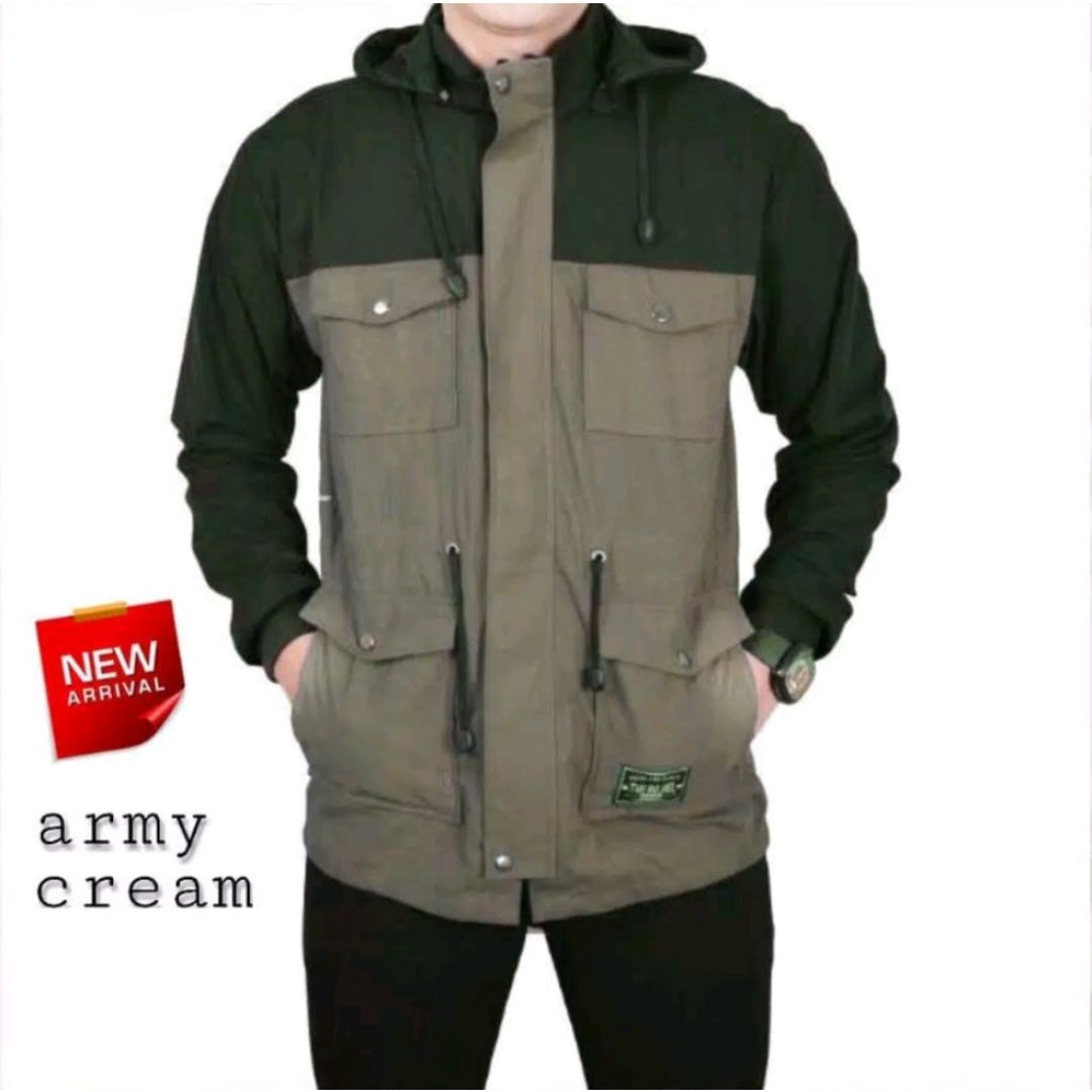 Jaket Parka Cowok kombinasi Baby Kanvas Army Krem Size L Sampai XXL