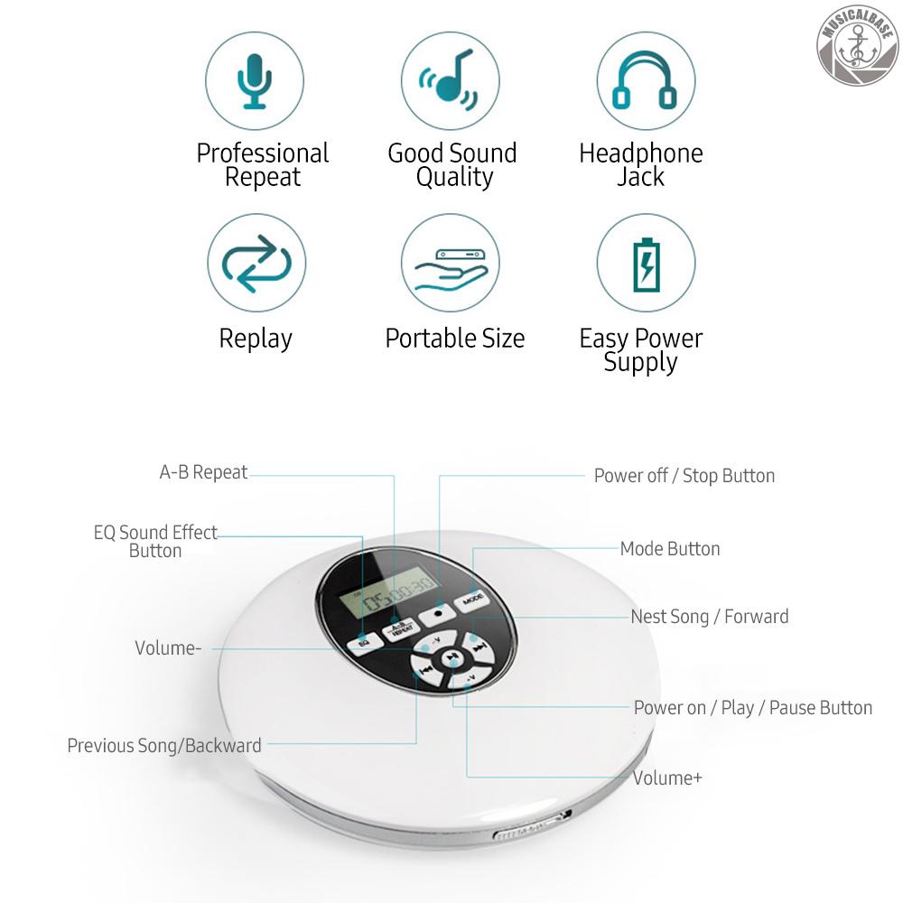 [In Stock] Mini CD Player Portable LCD Digital CD-Runner Music Player 5efek Suara &amp; 4mode Berulang Mendukung Kartu TF Kabel Aux Jack Headphone 3.5mm Untuk Rumah Mobil Traveling