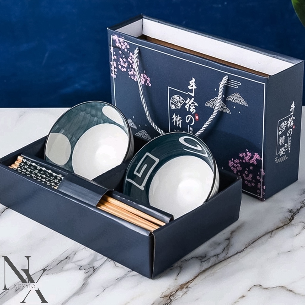 NexXio Souvenir mangkok set premium peralatan makan porselen biru dan putih mangkuk keramik mangkok hampers mangkok set jepang